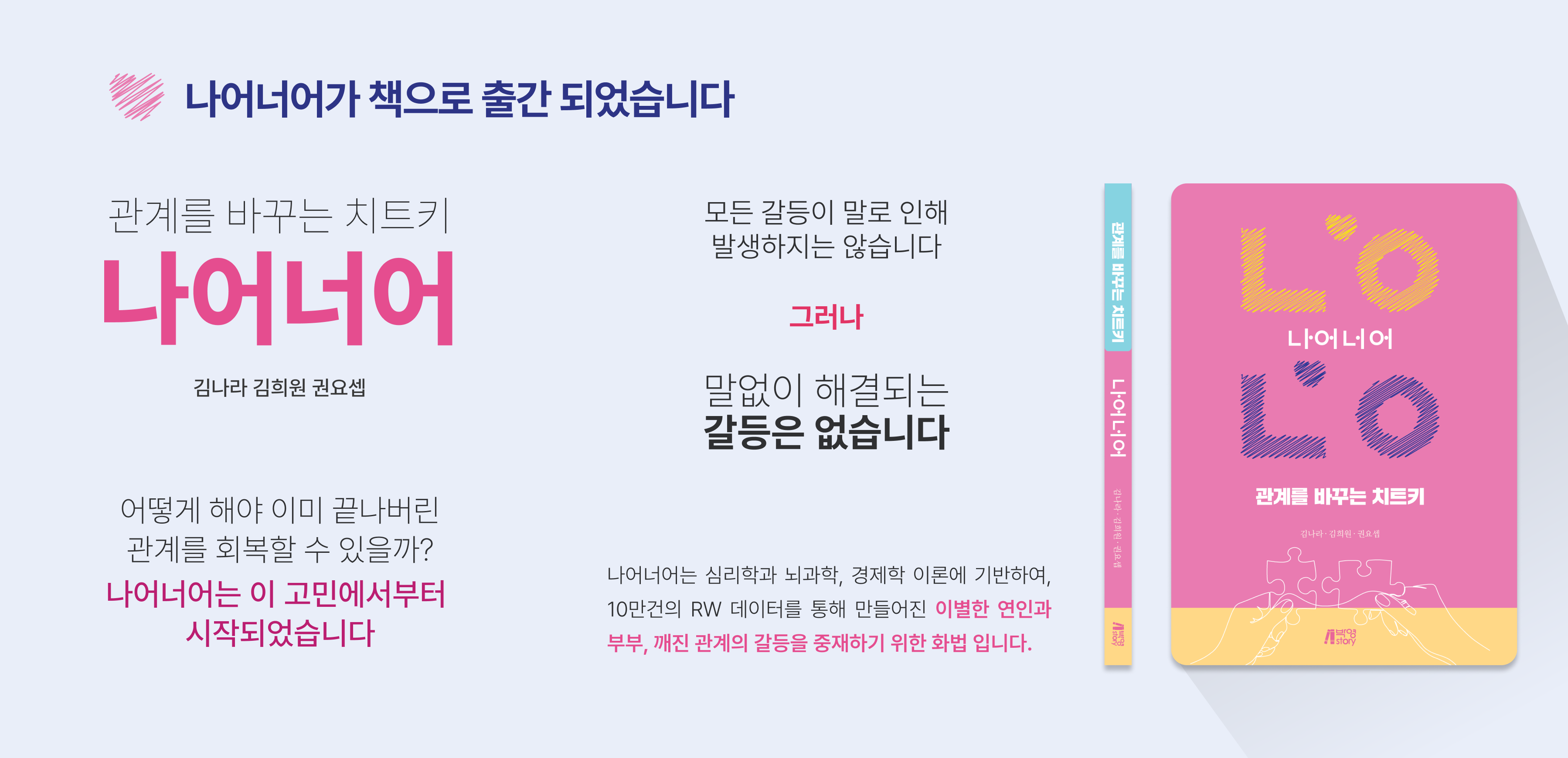 나어너어 책 - 관계를 바꾸는 치트키, 김나라 김희원 권요셉 저, 심리학과 뇌과학, 경제학 이론에 기반한 10만건의 RW 데이터로 만들어진 이별한 연인과 부부, 깨진 관계의 갈등을 중재하기 위한 화법에 대한 책